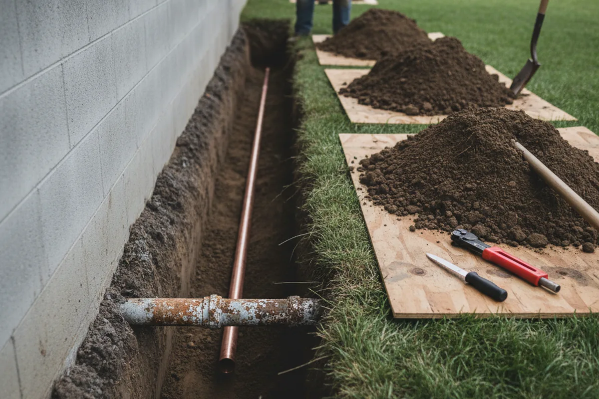 Excavated water line trench during Sewer Line Repair in Clover